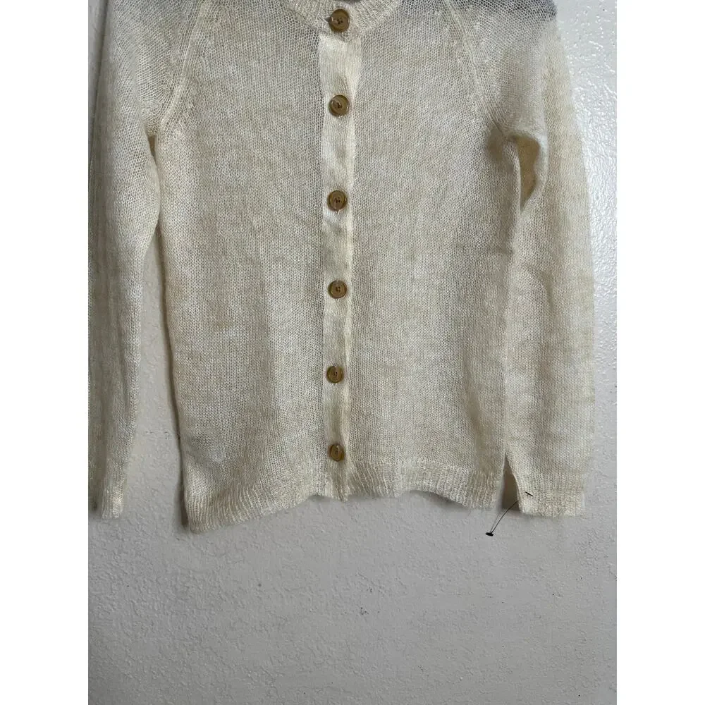 L.L.Bean Mohair Cardigan Sweater Fuzzy Sheer Halo Knit Ivory Womans XS